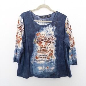 Y2K Take Two Womens Top Size XL‎ Blue Graphic Beaded Burnout Boho Grunge Indie